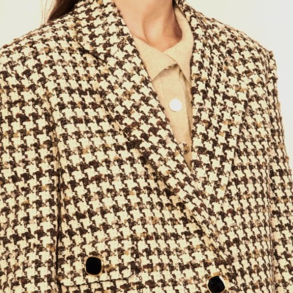 Sandro Esther Brown Houndstooth Oversized Tweed Jacket